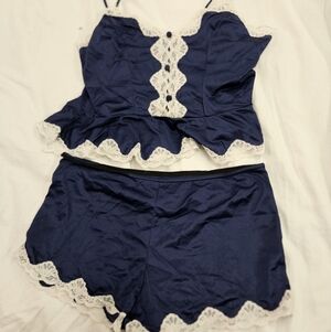 Vintage Darling navy blue nylon peignoir set